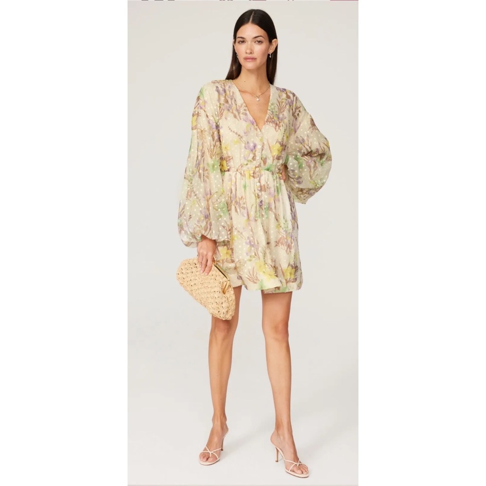 Alexis Behati Floral Swiss Dot V-Neck Puff Sleeve‎ Mini Dress Yellow Multi XS